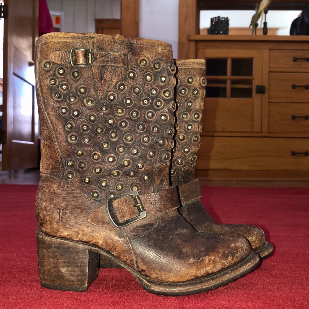Frye Leather Studded Disc Mid-Calf Heeled Boots